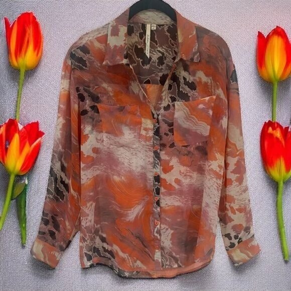 Bellatrix Orange Purple and Ivory Sheer Long Sleeve Buttondown Blouse Size S - Picture 1 of 10